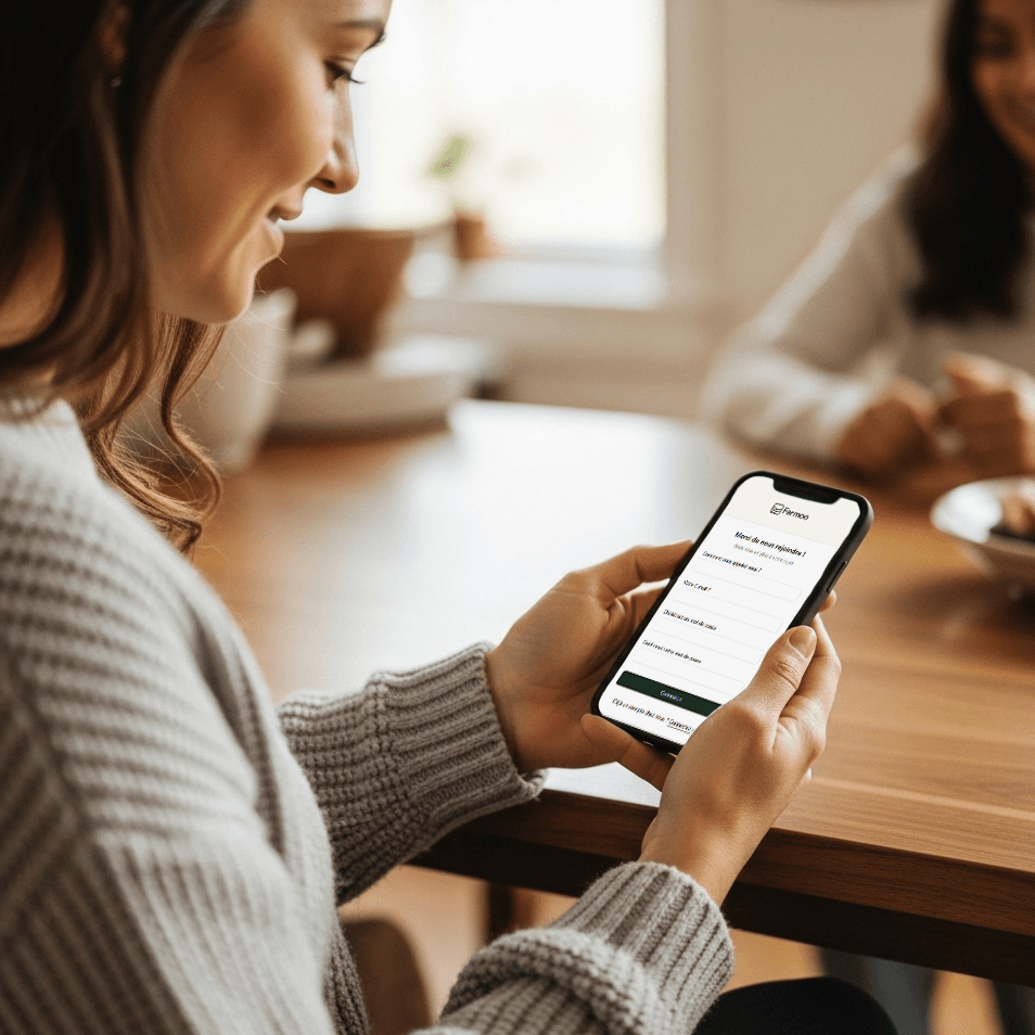 a woman holding a phone with Fermavia app